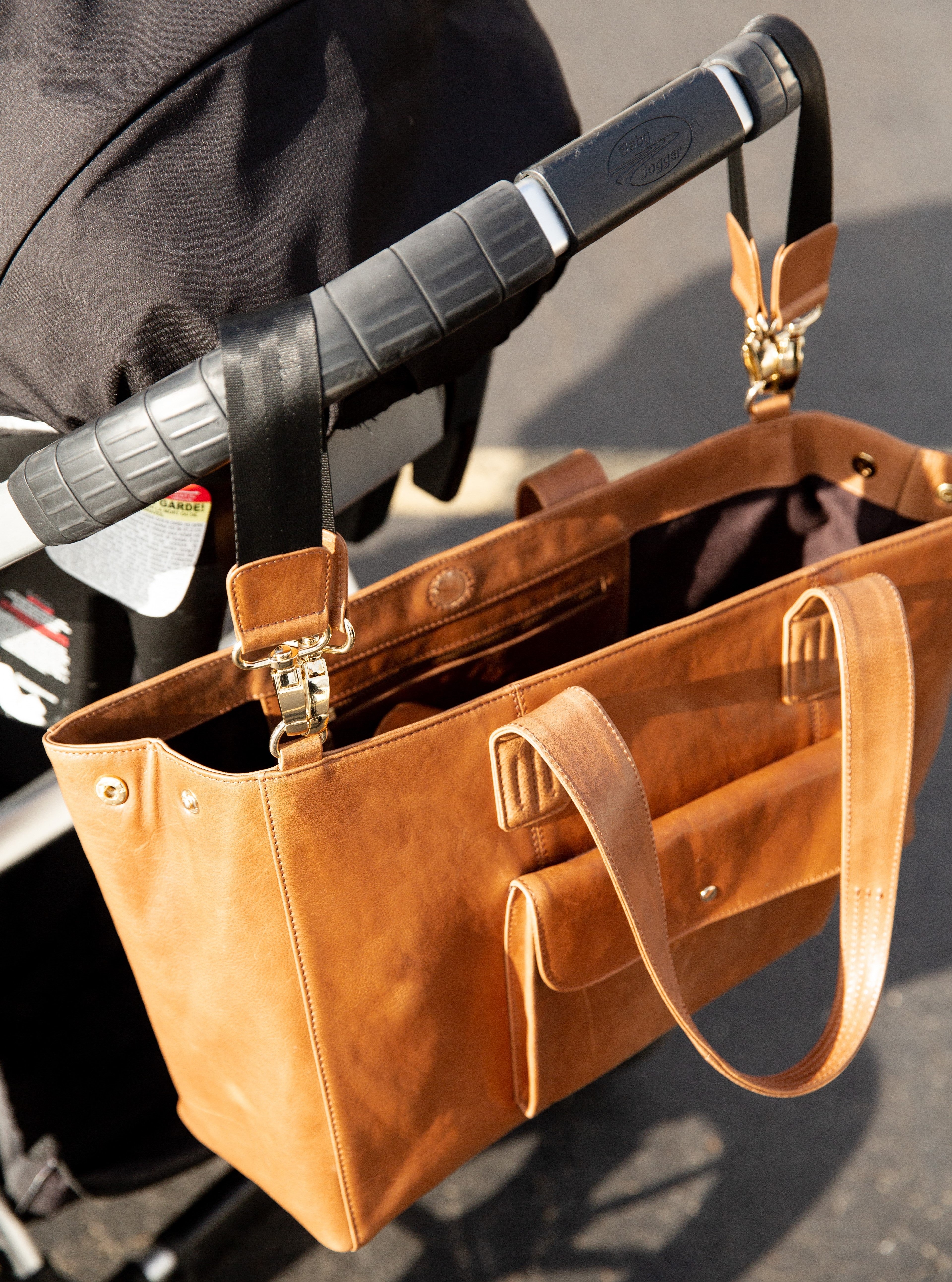 Large Carmel Leather Tote with Brindle Hair-on-Hide Bag Strap